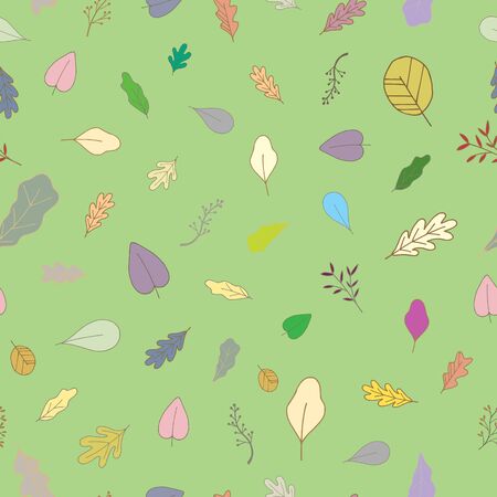 Seamless nature summer season pattern with hand drawing different leaves for greeting card decoration.のイラスト素材