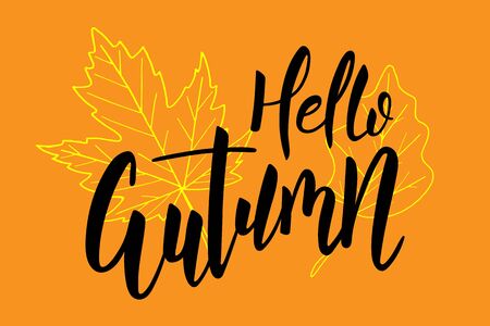 Hello autumn brush hand lettering text isolated with leaves for greeting card or banner. Modern calligraphy sloganのイラスト素材
