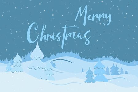 Merry Christmas hand lettering text and winter view on forest and mountains, landscape with white snow on fir trees. Vector illustration EPS 10のイラスト素材