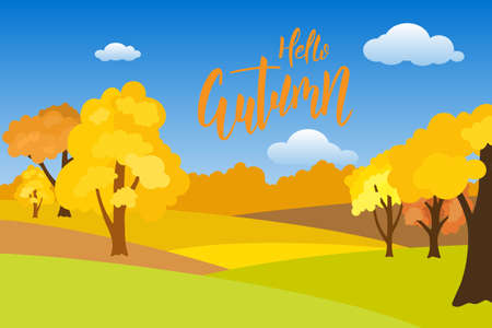 Autumn landscape with sunny day over hills and hand lettering text. Vector illustration EPS 10のイラスト素材