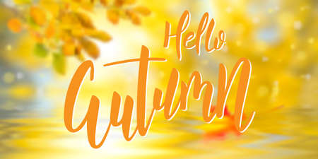 Fall banner with Hello Autumn brush hand lettering text. Modern calligraphy slogan, vectorのイラスト素材