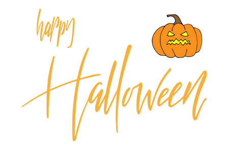 Happy Halloween hand lettering calligraphy text isolated with pumpkin holiday greeting card., Banner or wallpaper. Vectorのイラスト素材