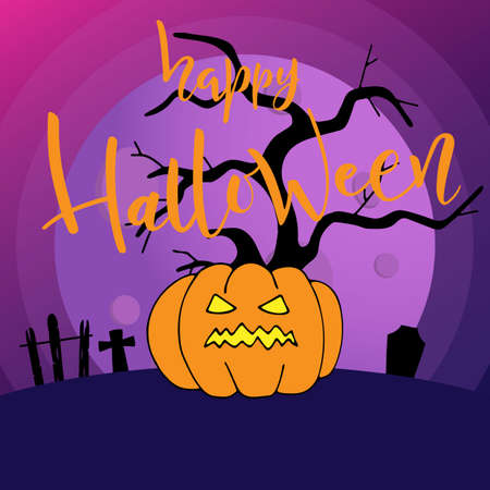 Happy Halloween hand lettering calligraphy text with pumpkin for holiday greeting card., Banner or wallpaper. Vectorのイラスト素材