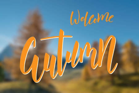 Fall banner with Welcome Autumn brush hand lettering text. Modern calligraphy slogan, vectorのイラスト素材