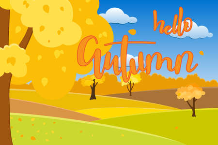 Autumn landscape with sunny day over hills and hand lettering text. Vector illustrationのイラスト素材