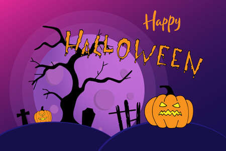 Happy Halloween hand lettering calligraphy text with pumpkin for holiday greeting card., Banner or wallpaper. Vectorのイラスト素材