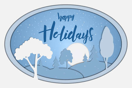 Christmas card with Happy Holidays hand lettering calligraphy text in paper cut style. Vector 10 EPSの写真素材