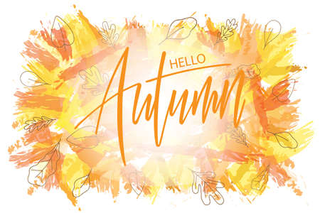 Hello Autumn brush hand lettering text for greeting card or banner with fall leaves. Modern calligraphy slogan, vector EPS 10の写真素材