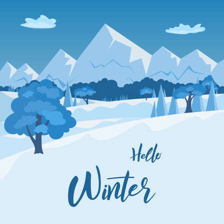 Christmas landscape with winter day in forest and mountains covered white snow and hand lettering text. Vector illustration EPS 10のイラスト素材