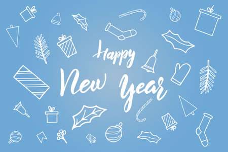 Happy New Year hand lettering calligraphy text with decorative elements for greeting card or bannerのイラスト素材