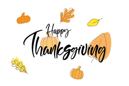 Happy Thanksgiving brush hand lettering text for greeting card or banner on fall leaves.のイラスト素材