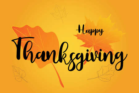 Happy Thanksgiving brush hand lettering text for greeting card or banner on fall leaves. Modern calligraphy sloganのイラスト素材