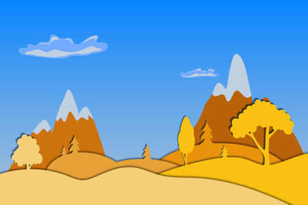 Autumn landscape with fall trees and mountains in paper cut style. Vector illustrationのイラスト素材