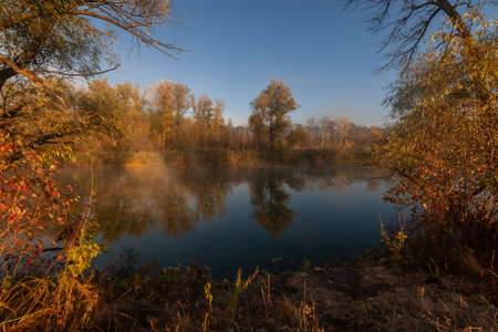 Beatiful autumn landscape with trees reflection in water, foggy morningの写真素材