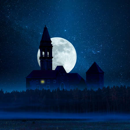 Mystic dark castle in forest, halloween background. Night landscape with stars and moonの写真素材
