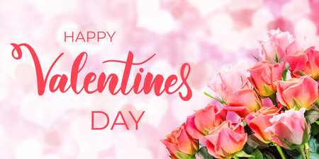 Valentine day holiday background with rose flowers and hand lettering textの写真素材
