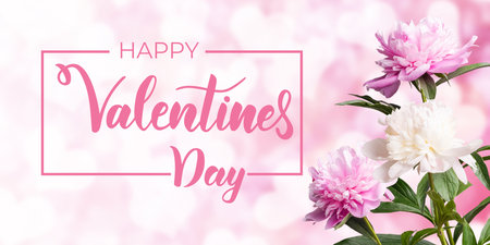 Valentine day holiday background with peony flowers and hand lettering textの写真素材