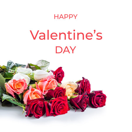 Valentine day holiday background with rose flowers and lettering textの写真素材