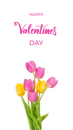 Valentine day holiday background with tulip flowers and hand lettering textの写真素材