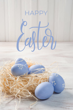 Easter colorful eggs on wooden backdrop, holiday background for your decoration. Egg hunt, "Happy Easter" letteringの写真素材