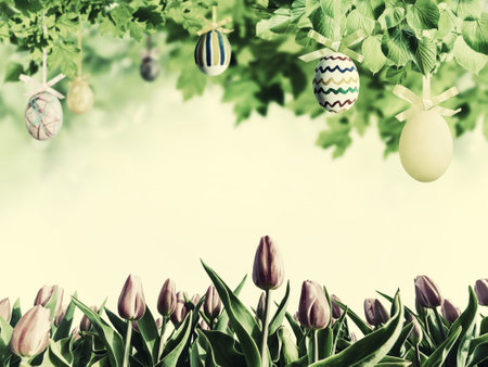 Easter eggs in green branches of tree and tulip flowers, happy holidays background. Retro film filter, vintage stylizationの写真素材