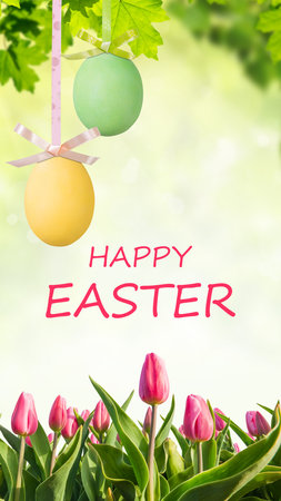 Holiday Easter background with eggs and tulip flowers, celebration backdropの写真素材