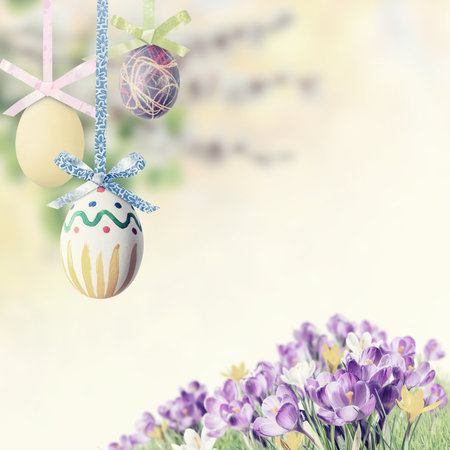 Holiday Easter background with eggs and crocus flowers in grass; for web banner and postcard design. Retro film filter, vintage stylizationの写真素材