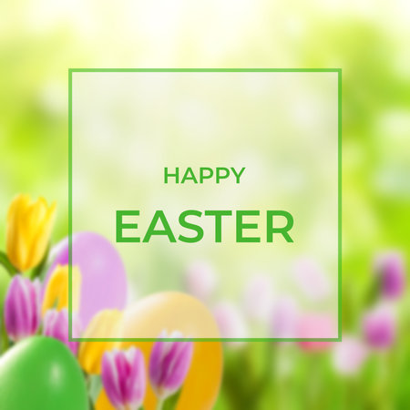Easter colorful card wuth eggs and tulip flowers, holiday background for your decoration. Egg huntの写真素材