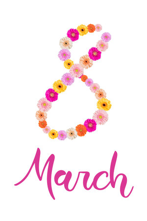 Holiday card to 8 march international womens day with flowers and hand lettering isolated