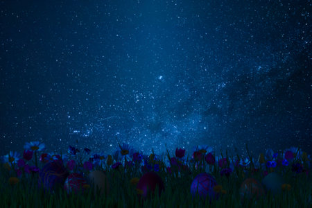 Easter colorful card wuth eggs and flowers, holiday background for your decoration. Egg huntの写真素材