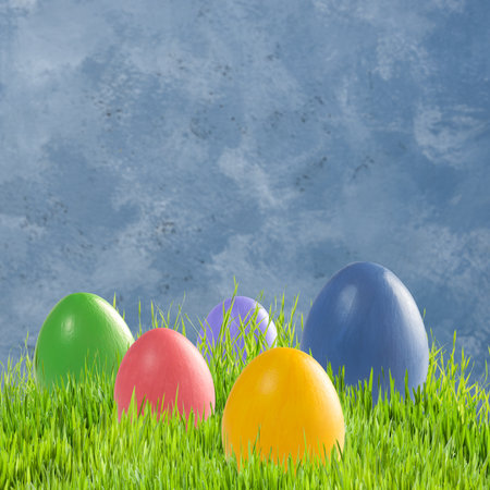 Easter colorful card wuth eggs and flowers, holiday background for your decoration. Egg huntの写真素材