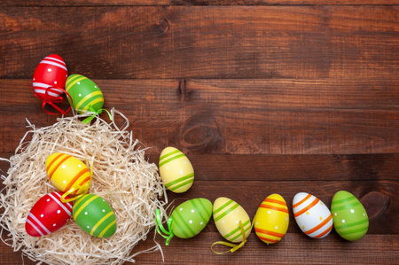 Easter colorful card wuth eggs and flowers, holiday background for your decoration. Egg huntの写真素材