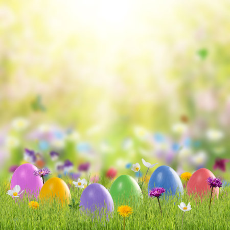 Easter colorful card wuth eggs and flowers, holiday background for your decoration. Egg huntの写真素材