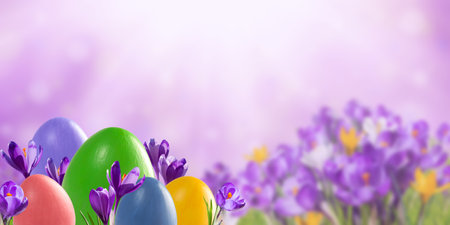 Easter colorful card wuth eggs and flowers, holiday background for your decoration. Egg huntの写真素材