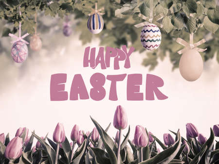 Easter eggs in green branches of tree and tulip flowers, happy holidays background. Retro stylization, vintage film filterの写真素材