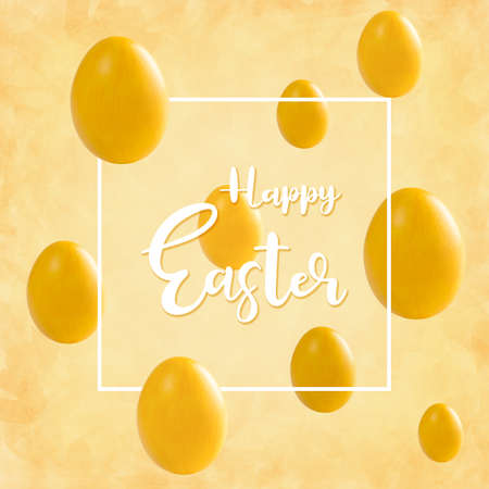 Easter yellow colorful card with eggs, holiday background for your decoration. Egg huntの写真素材