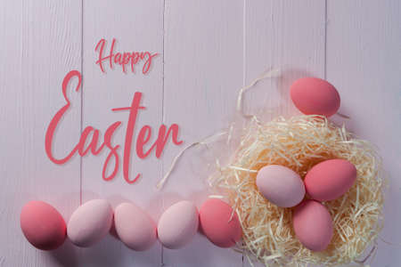 Holiday Easter card with colorful eggs and hand lettering textの写真素材