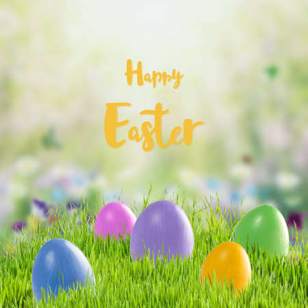 Easter card with wild flowers and eggs in grass, hand lettering text, holiday backgroudの写真素材