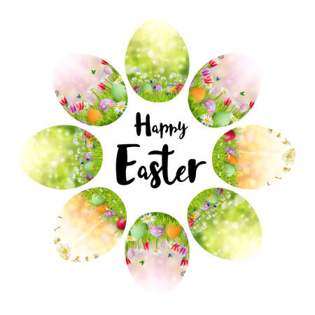 Easter holiday card with decorated eggs and hand lettering textの写真素材