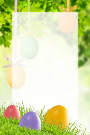 Holiday Easter card with painted eggs and place for your text on white sheetの写真素材