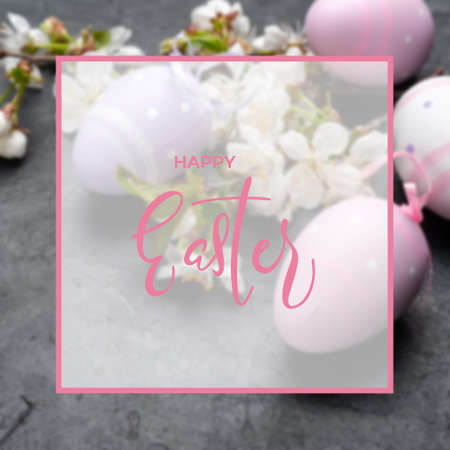 Happy easter painted eggs with flowers and hand lettering textの写真素材