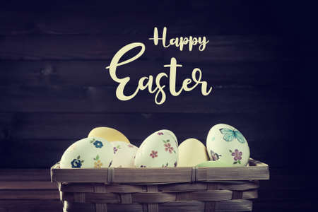 Happy easter lettering text and vintage eggs on holiday card. Egg huntの写真素材