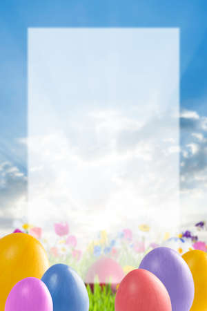 Easter eggs on holiday card with white sheet for your textの写真素材