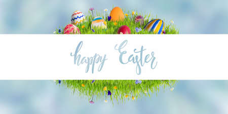 Holiday card with colorful painted eggs and Happy Easter lettering text on white frameの写真素材