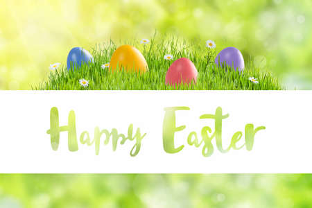 Holiday card with colorful painted eggs and Happy Easter lettering text on white frameの写真素材