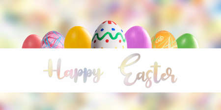 Holiday card with colorful painted eggs and Happy Easter lettering text on white frameの写真素材
