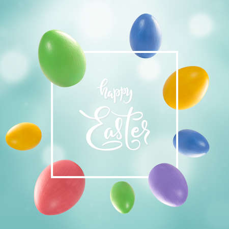 Holiday card with colorful eggs and Happy Easter lettering text in frameの写真素材