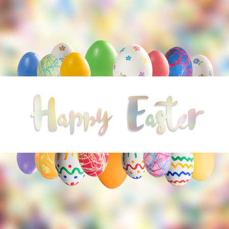 Holiday card with colorful painted eggs and Happy Easter lettering text on white frame