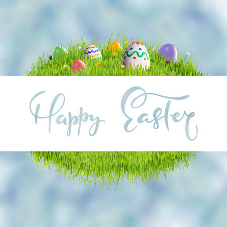 Holiday card with colorful painted eggs and Happy Easter lettering text on white frameの写真素材