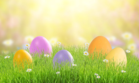 Easter colorful card with eggs in grass, holiday background for your design.の写真素材